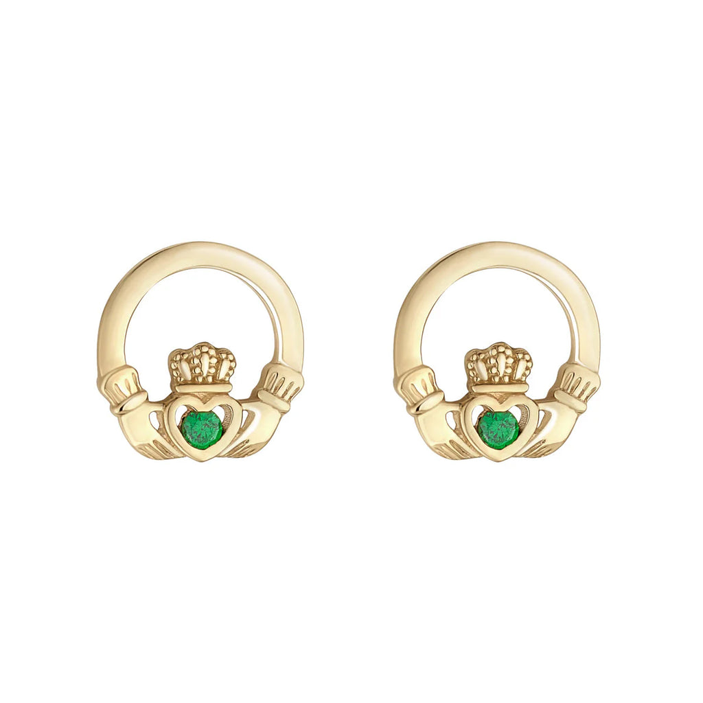 10K Gold Green Cz Claddagh Stud Earrings