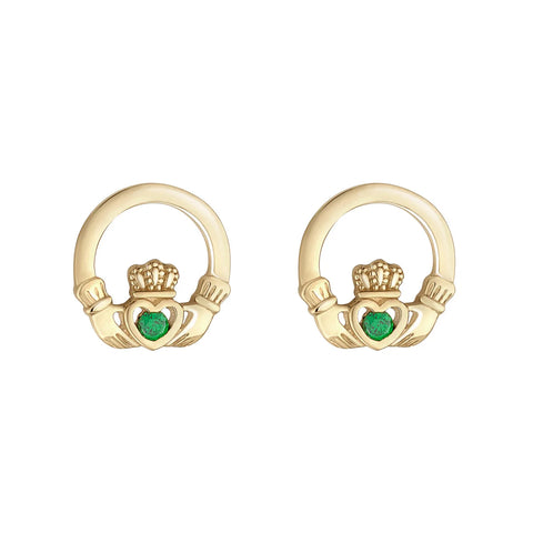 10K Gold Green Cz Claddagh Stud Earrings