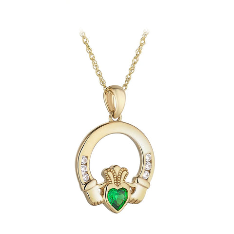 10K Gold Green Cz Heart Claddagh Necklace