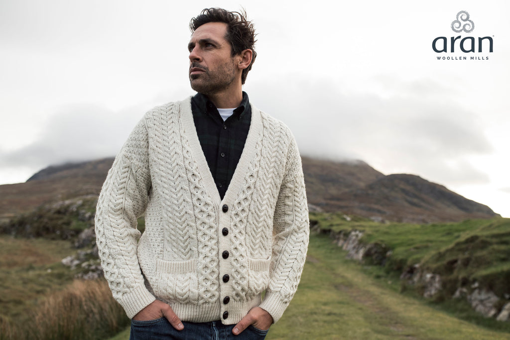 Traditional Aran V-Neck Cardigan - Cream